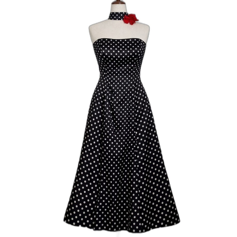 VTG Jessica McClintock For Gunne Sax Polka Dot Halter Dress Black Fit & Flare XS